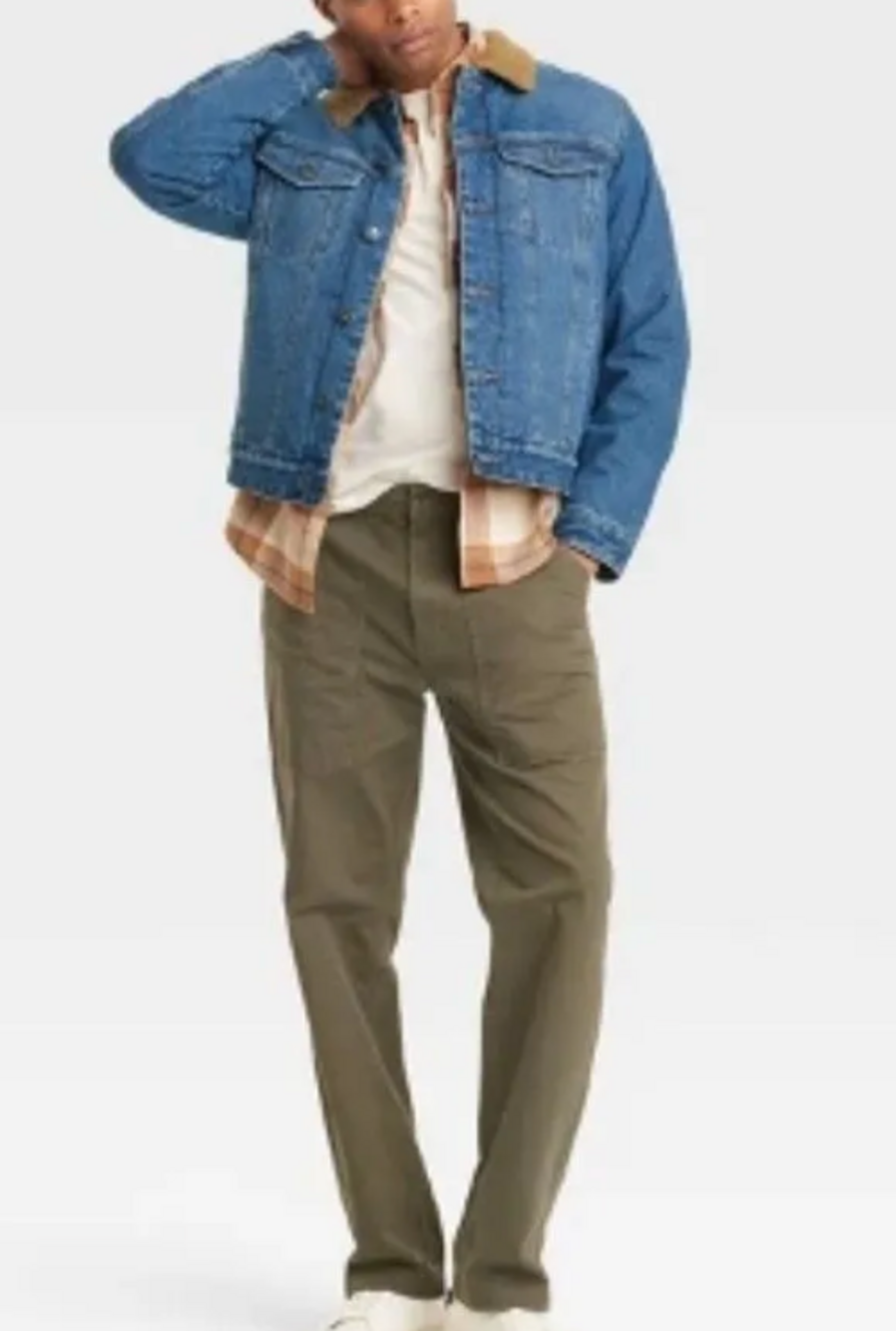 Mens L Brn. Faux Shearling Lined Denim Trucker Jacket Faded Wash Goodfellow